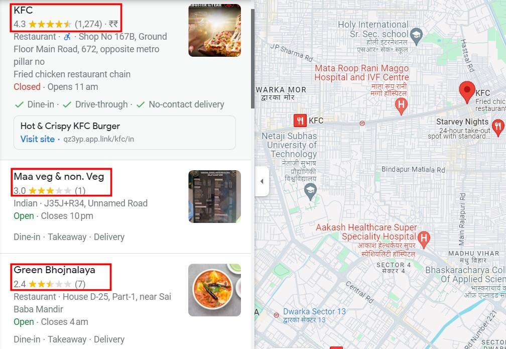 Google results for restaurants near me