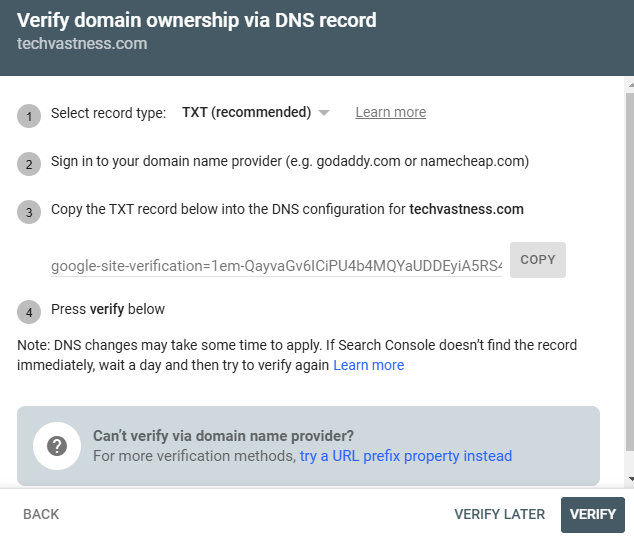 Google Search Console - Verify domain