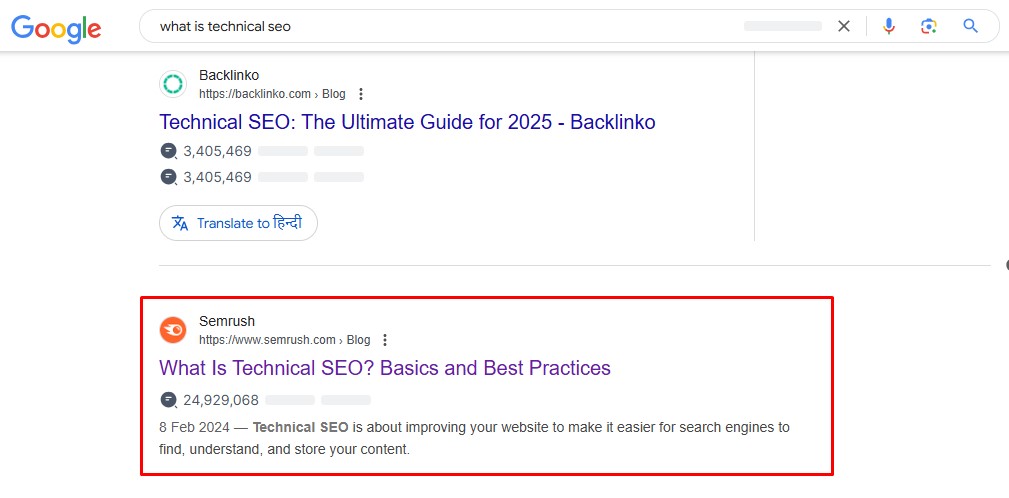 Google SERP - Semrush what is technical SEO post