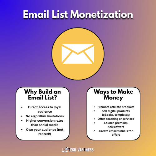 Infographic on email list monetization showing benefits of building an email list and ways to earn like affiliate marketing, digital products, and coaching, with tools like ConvertKit, Substack, and MailerLite on a blue-orange gradient background.